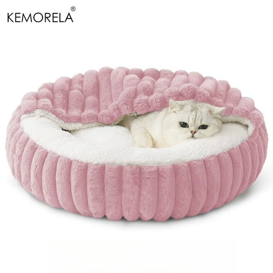 Calming Warm Kitten Bed round Hooded Cat Cave, Indoor Puppy Sleeping Bed Suitable for Cat Dog Non-Slip Bottom Cat Cushion