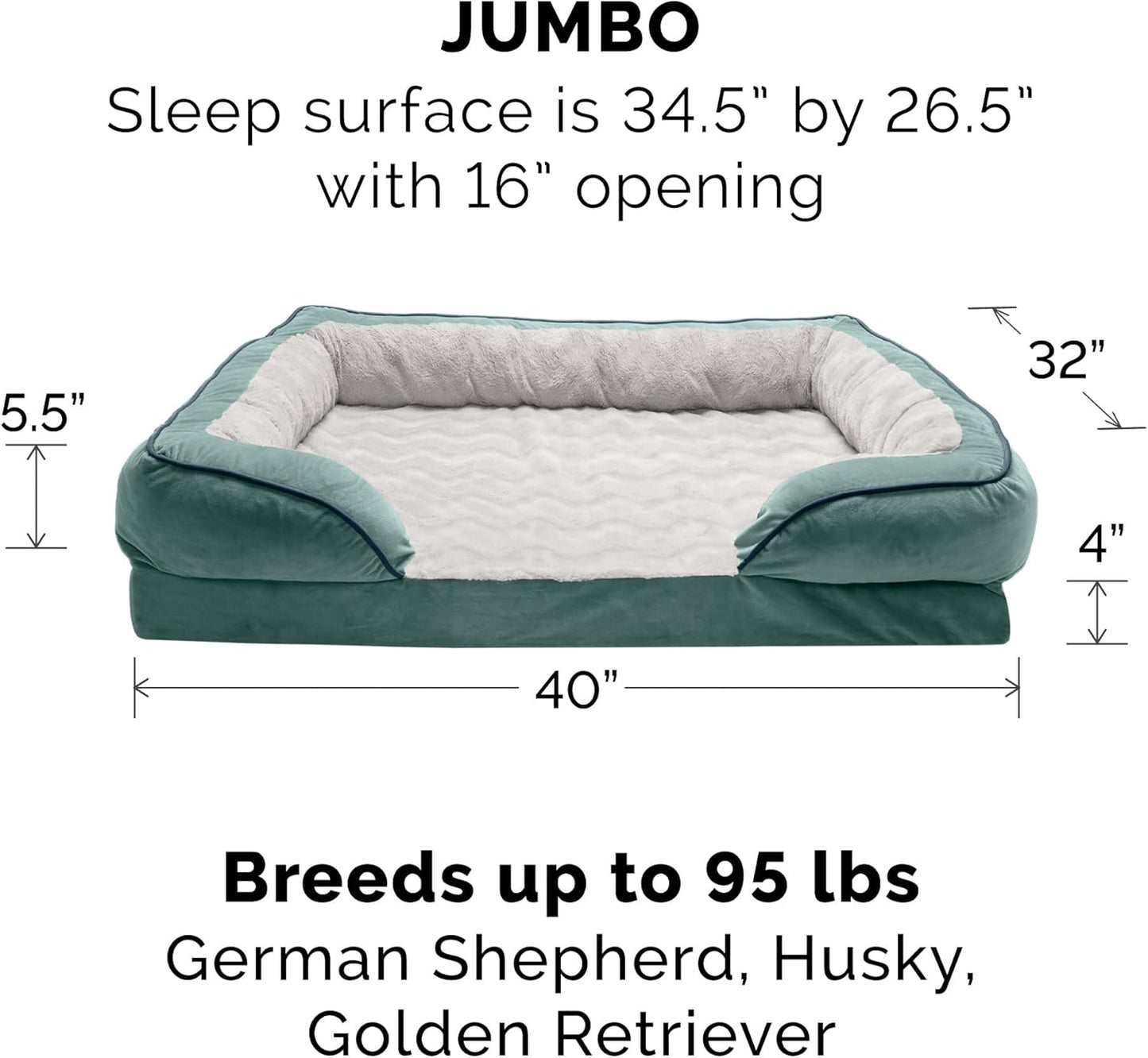 Memory Foam Dog Bed for Large Dogs W/ Removable Bolsters & Washable Cover, for Dogs up to 95 Lbs - Plush & Velvet Waves Perfect Comfort Sofa - Celadon Green, Jumbo/Xl