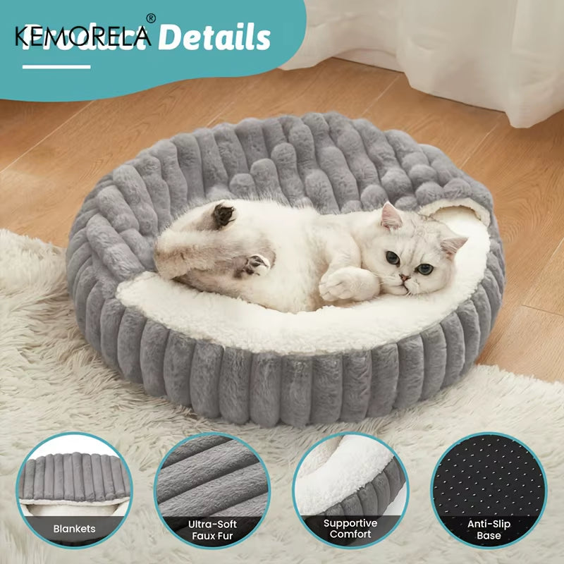 Calming Warm Kitten Bed round Hooded Cat Cave, Indoor Puppy Sleeping Bed Suitable for Cat Dog Non-Slip Bottom Cat Cushion