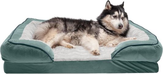 Memory Foam Dog Bed for Large Dogs W/ Removable Bolsters & Washable Cover, for Dogs up to 95 Lbs - Plush & Velvet Waves Perfect Comfort Sofa - Celadon Green, Jumbo/Xl