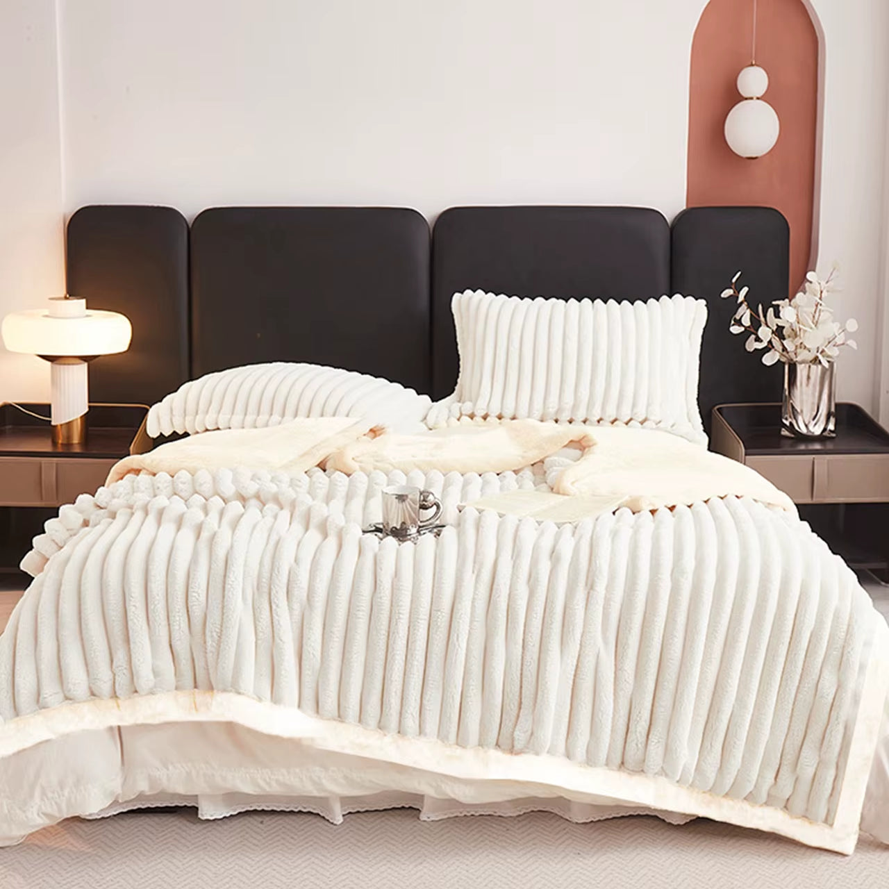 1Pc Weighted Sherpa Fleece Blanket -Soft, Warm Faux Rabbit Fur Softness, Beige & White Striped Contemporary Bedspread for Bed