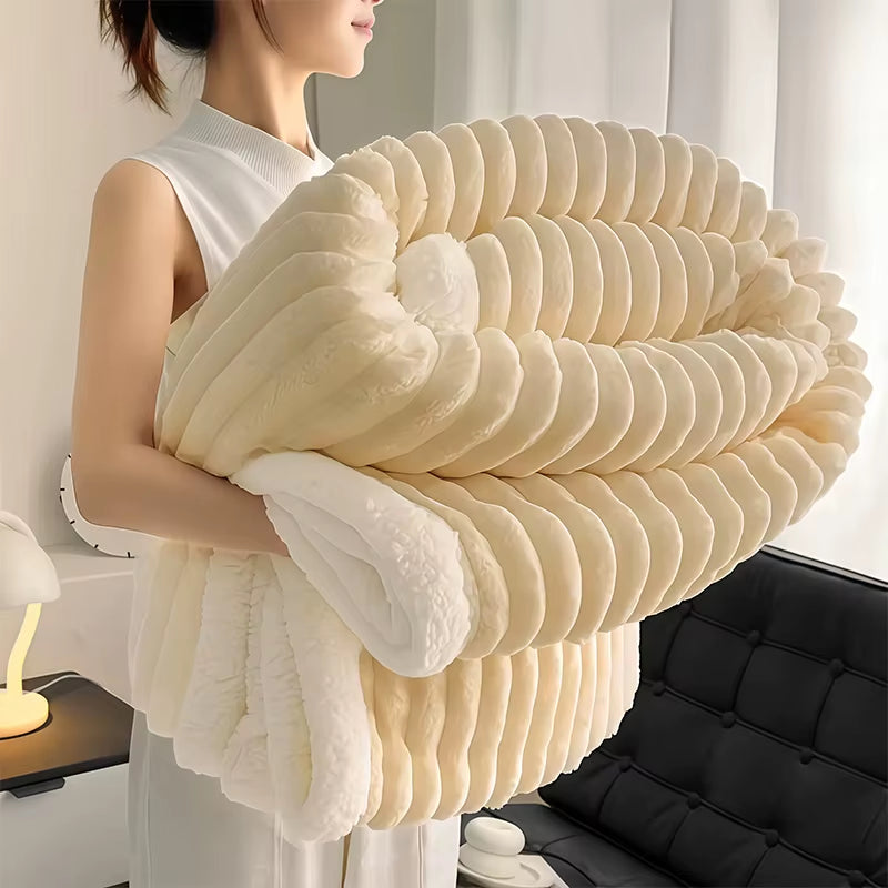 1Pc Weighted Sherpa Fleece Blanket -Soft, Warm Faux Rabbit Fur Softness, Beige & White Striped Contemporary Bedspread for Bed