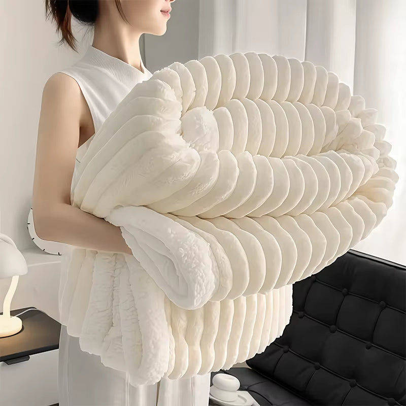 1Pc Weighted Sherpa Fleece Blanket -Soft, Warm Faux Rabbit Fur Softness, Beige & White Striped Contemporary Bedspread for Bed